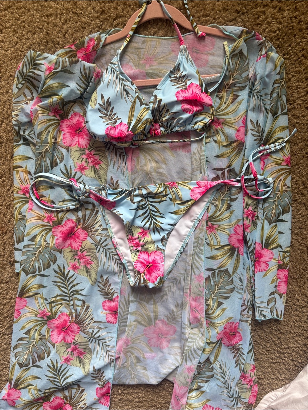 Floral Pink Hibiscus Bikini & Sheer Cover-Up - Light Blue